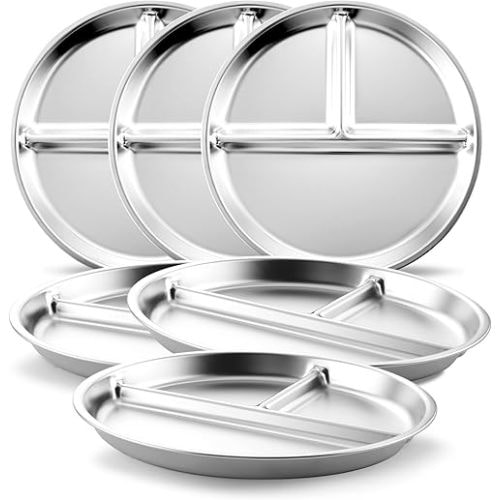 Stainless Steel Kids Plates 6 Packs, 8" Divided Toddlers Portion Control Plate, Non Toxic & BPA Free |Unbreakable |Dishwasher Safe Baby Snack Dish for Daycare, Restaurant Outings & Travel