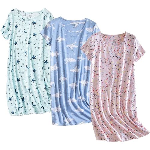 PNAEONG 3 Pack Women's Cotton Nightgown Sleepwear Short Sleeves Shirt Casual Print Sleepdress