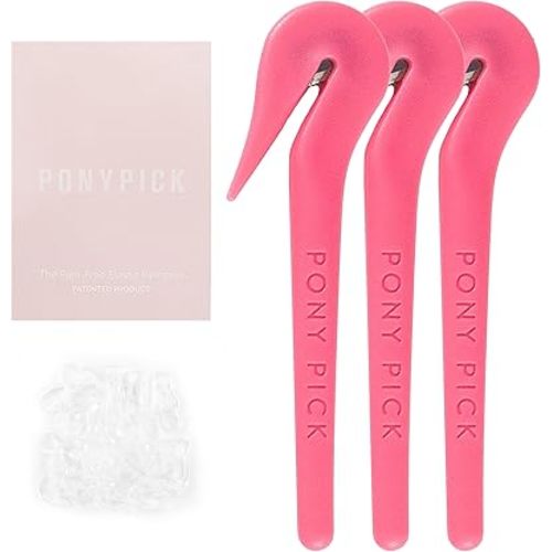 THE PONY PICK Hair Elastic Rubber Bands Cutter Tool – Easy To Use, Pain Free, No Hair Damage – Ponytail Cutter Tool for Kids & Toddlers (3 Packs of Pony Pick & 50 Clear Hair Elastics)