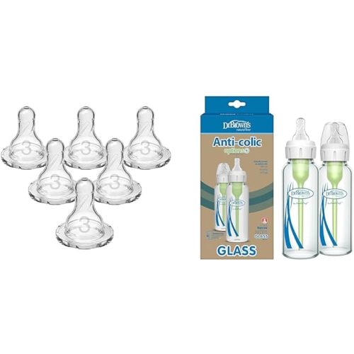 Dr. Brown's Natural Flow Options+ Baby Bottle Bundle | Level 3 Silicone Nipple (6m+) + Anti-Colic Glass Bottles (8 oz, 2-Pack)