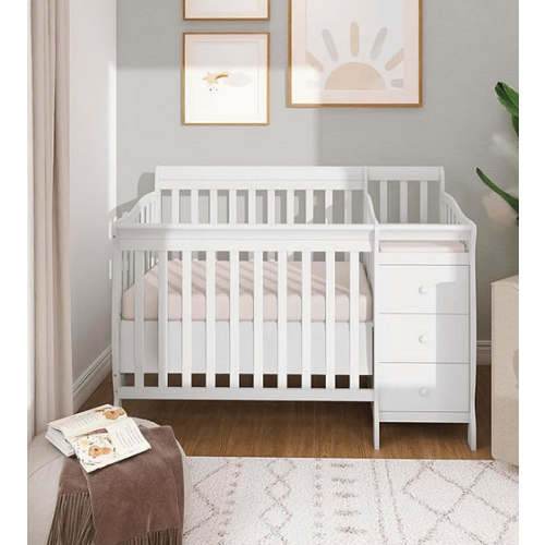 Dream On Me Jayden 4‑in‑1 Mini Convertible Baby Crib & Changer with Storage in White, Pinewood, GreenGuard Gold & JPMA, 1” Mattress Pad, 3 Mattress Heights, Converts to Mini Day & Twin-Size Bed