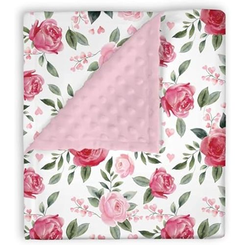Mink Baby Girls Blankets Pink Peony Floral, Valentines Day Hearts Flower Soft Double Layer Dotted Backing Receiving Swaddle, Newborn Infant Toddler Nursery Crib Bedding Shower Gift 30" x 40"