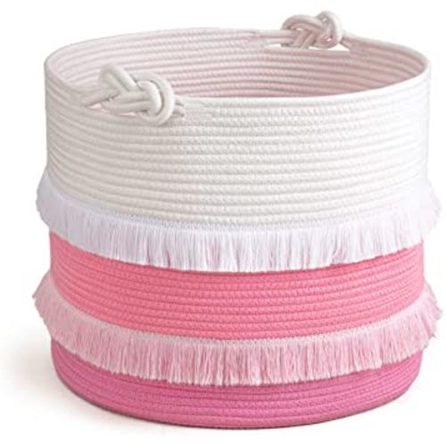 CherryNow Large Rope Basket – 16''x13'' Pink Decorative Woven Basket for Toys, Blankets, or Laundry, Cute Tassel Decor for Baby & Girl - Home Storage Container