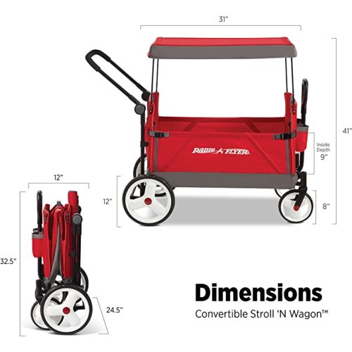 Radio Flyer Stroller Wagon with 5-Point Harnesses, Rear Brake, and Push Pull Handle, Red - Collapsible Double Seat Cart with Canopy and Easy Storage