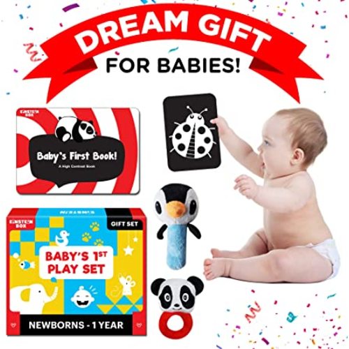 Einstein Box High Contrast Set for Baby Girls & Boys Newborns & Infants of Age 1-3-6-9-12 Months | with Rattles + High Contrast Books+ High Contrast Flashcards| Gift Set for Babies