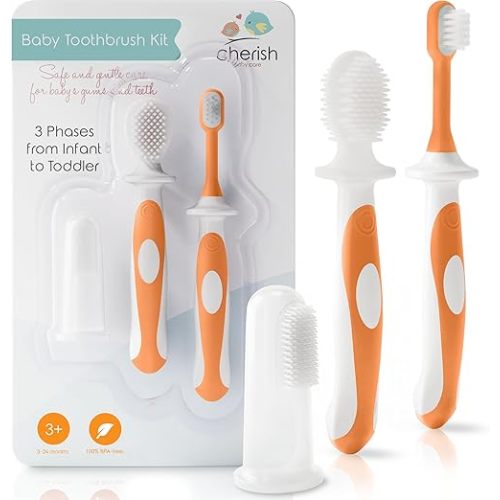 Cherish Baby Care Award-Winning Baby Toothbrush Set (3-24 Months) - 3-Pack Baby Finger Toothbrush, Training Toothbrush & Toddler Toothbrush - BPA-Free Baby First Toothbrush Set (Orange)