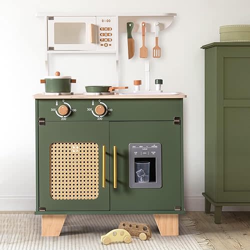 ROBUD Play Kitchen, Kids Kitchen Playset with Pretend Ice Cube Dispenser for Kids Aged 3+, Wooden Toy Kitchen of Birthday Gift to Kids, Vintage Green