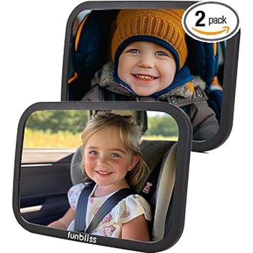 Funbliss Rear Facing Car Seat Mirrors - Shake-proof & Shatterproof Baby Car Mirror for Backseat - Clear Wide View, Easy Install, 2 Pack for Multiple Kids