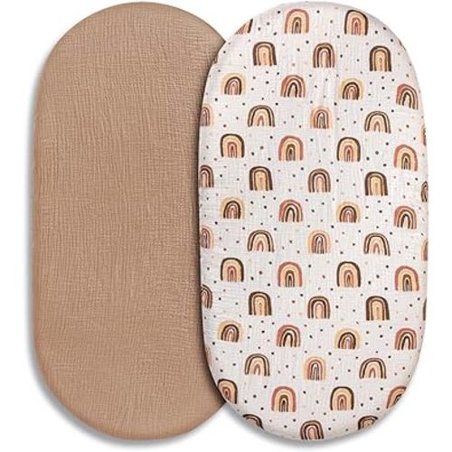 Muslin Bassinet Fitted Sheets, 2 Pack for Baby Boy and Girl, Soft Breathable Stretchy Baby Pad/Mattress Sheet Set, Universal Fit for Hourglass Oval and Rectangle Bassinet Mattress (Cute Rainbow)