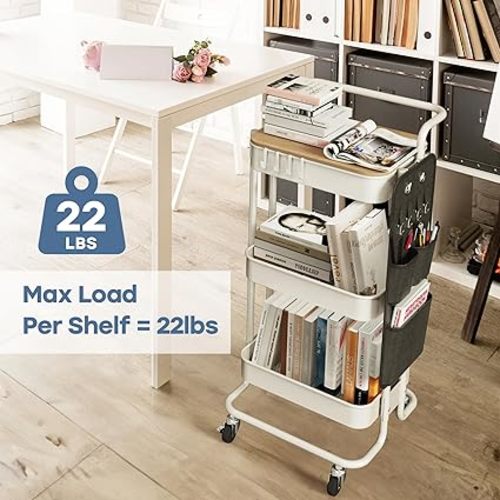 DTK 3 Tier Metal Utility Rolling Cart with Table Top and Side Bags, Metal Tray Storage Organizer Cart with Wheels, Art Craft Cart with 4 Hooks for Kitchen Bathroom Office Living Room (White)