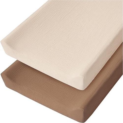 Konssy 2 Pack Muslin Changing Pad Cover for Baby Girls Boys 100% Cotton Fitted Diaper Changing Table Cover Set, Soft Changing Pad Sheets (Brown, Cream)