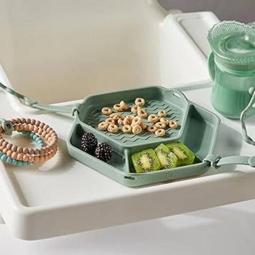 The Original All-in-one Suction Plates + Safety Toy Straps - Silicone Suction Plates for Toddlers + Baby - First Foods + Self-Feeding. Comes with 2 straps (Cambridge Blue)