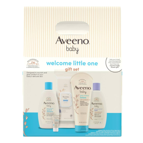 Aveeno Baby Welcome Little One Gift Set, Baby Skincare Set with Nourishing Baby Body Wash & Shampoo, Calming Bath Wash, All Over Baby Wipes, Daily Moisturizing Lotion, & Baby Balm, 5 Items