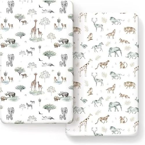 Stretch Ultra Soft Jersey Knit Fitted Crib Sheets Set 2 Pack,Fit All Standard Crib Mattress Pads Safe and Snug, Crib Fitted Sheet for Baby, Stylish African Savannah Animals Pattern