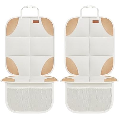 Car Seat Protector, 2Pack Seat Protector Protect Child Seats with Thickest Padding and Non-Slip Backing Mesh Pockets for Baby and Pet,Sedan SUV Truck (Beige Brown)