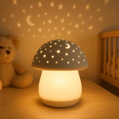 Mushroom Star Projector Night Light – USB Rechargeable – Kids Nursery Lamp
