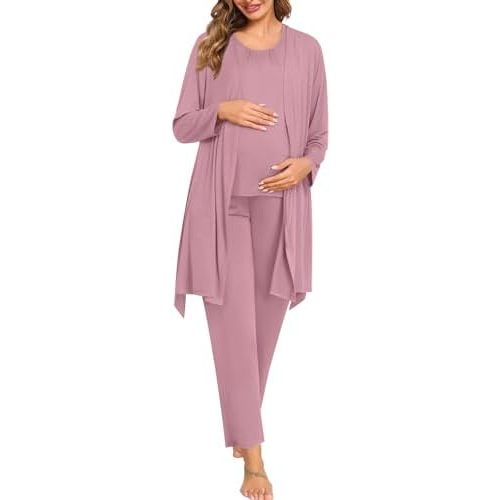 SWOMOG 3pcs Maternity Nursing Robe Set Labor Delivery Double Layer Pajamas Set Postpartum Breastfeeding PJS, S-XXL