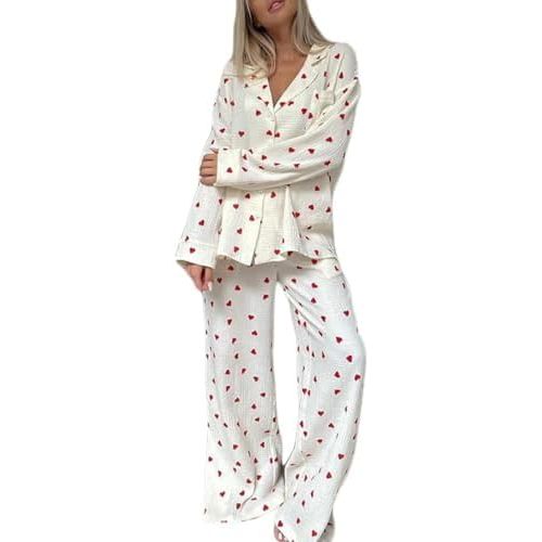 Womens Pajama Sets Cotton Pj Set Cute Heart Print Long Sleeve Button Down Shirt With Long Pants
