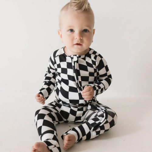 Bamboo Zip Pajamas | Black & White Wavy Checkerboard