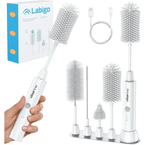 LABIGO Electric Bottle Brush Cleaner Set, Baby Bottle Brush with IPX7 Waterproof and 2 Adjustable Speeds, 4 Replaceable Brush Heads for Baby Bottle, Coffee Cup, Mug, Sports Bottle, Glass Cup, White