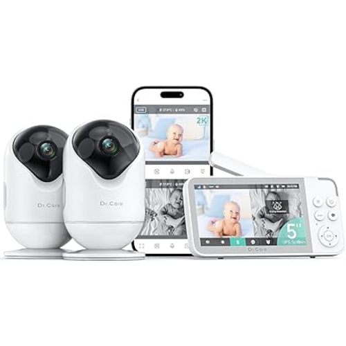 Dr.Care VistaView Smart WiFi Baby Monitor with 2 Cameras- 5” 1080P Split Screen & 2K Camera App Control, Cry & Motion Alerts, Night Vision, 2-Way Talk, Triple Security, 1279ft Range