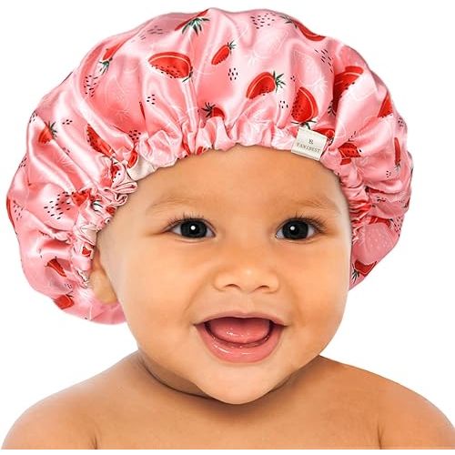 YANIBEST Baby Satin Bonnet Sleep Cap - Double Layer Reversible Adjustable Silky Satin Cap for Infant Toddler(0-6Months,Strawberry)
