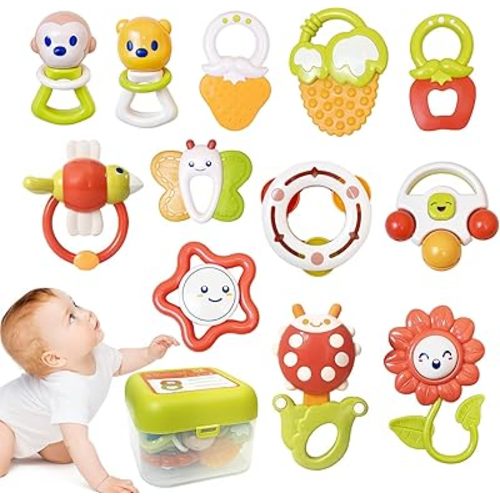 12PCS Baby Rattles Toys Set with Storage Case, Teething Toys for Babies, Newborn Christmas Gift for Baby Infant Boys and Girls 0 1 2 3 4 5 6 7 8 9 10 11 12 Months