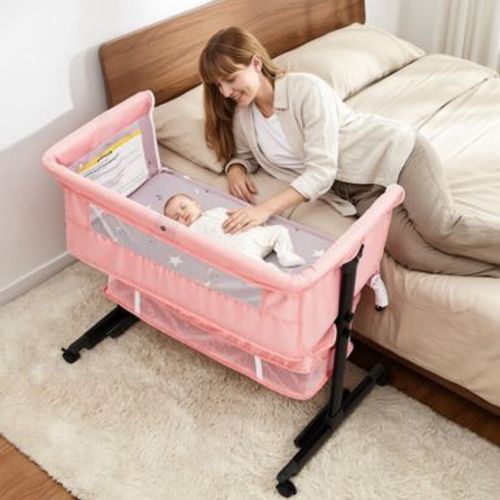 Kmaier Baby Bassinet Foldable Portable Bedside Crib,Storage Basket Breathable Mesh,Pink