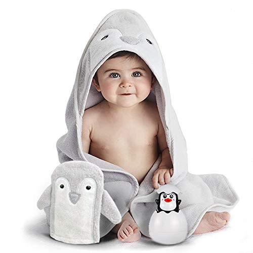 Happy & Sweet baby gift set. Organic bamboo penguin bath towel with hood, mitt washcloth and squirt bath toy for bathtub. Perfect Baby shower gifts for boys and girls. Bonus included