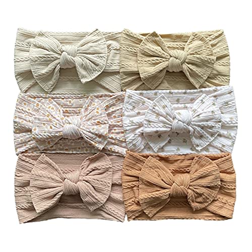 ETALLEG 6 Pcs Soft Cable Knit Baby Nylon Headbands,Top Knot Wide Nylon Turban Head Wraps Kids Girls Hair Bows (Set2)