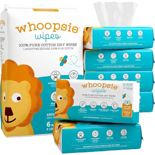 Whoopsie Wipes – The Original 100% Pure Cotton Dry Baby Wipes – Ultra Soft, Unscented, Chemical-Free Wipes for Sensitive Skin – Use Dry or Add Water for Wet Wipes – 6 Packs (600 Count)