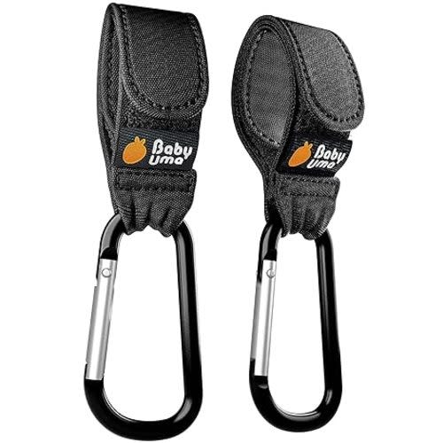 Baby Uma Stroller Hooks for Bags (2-Pack) - Universal Stroller Clips and Hooks, Carry 11 lbs Per Stroller Hook, Adjustable Stroller Carabiner Clip, Baby Essentials, Stroller Accessories - Canvas Black