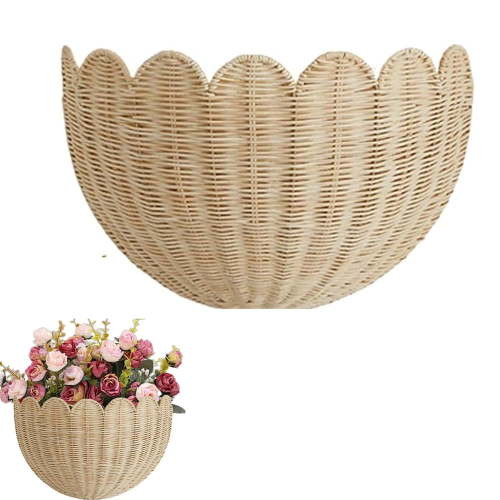 Triani 1Pcs Scalloped Wicker Wall Basket Wicker Basket For Flowers Front Door Bathroom Storage Hanging Wall Storage & Home Decor for Living Room Bathroom Kitchen