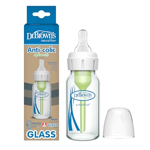 Dr. Brown's Natural Flow Anti-Colic Options+ Narrow Glass Baby Bottle, 4 oz/120 mL, with Level 1 Slow Flow Nipple, 1 Pack, 0m+