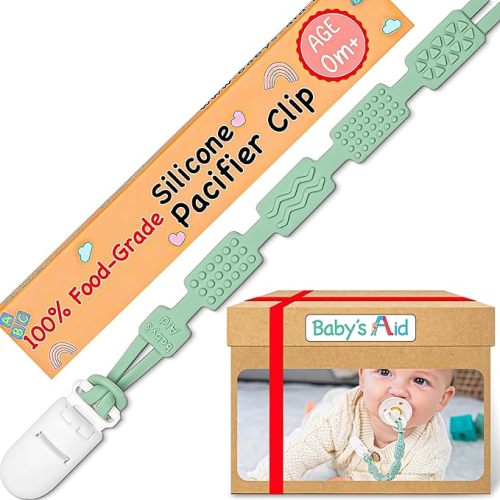 Baby’s Aid Silicone Pacifier Clip, 4 Teething Textures, One-Piece Design, 100% Food-Grade, Pacifier Holder Clip with Clothing-Safe Binky Clip, Newborn Safe Pacifier Strap, Fits All Pacifiers, Ages 0m+