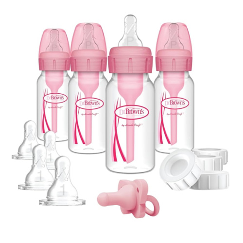 Dr. Brown's Anti-Colic Baby Feeding Set with Slow Flow Nipples, Travel Caps, Silicone Pacifier - Pink