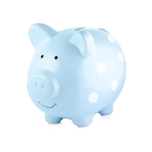 Pearhead Large Ceramic Piggy Bank, Ideal for Boys and Girls, Kids Money and Coin Bank, Perfect Baby Boy Nursery Décor, Great Gift and Newborn Keepsake, Blue Polka Dots