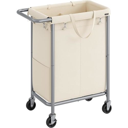 SONGMICS Laundry Basket with Wheels, 2-Section Rolling Laundry Hamper, 37 Gallons (140L), Removable Liner, Steel Frame with Handle, Blanket Storage, 27.2 x 15.4 x 31.9 Inches, Cream White URLS004W01