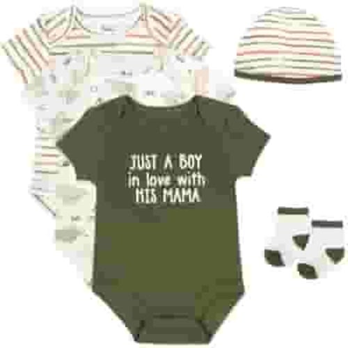 Baby Essentials Baby Boys 6 Months Just a Boy in Love 5 Piece Bodysuit Set Containing 3 Short Sleeve Bodysuits, 1 Cap & Pair of Socks