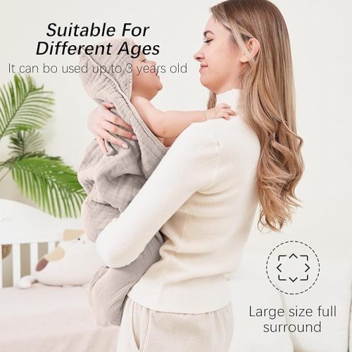 SWEET DOLPHIN Muslin Hooded Baby Bath Towels - 2 Pack 100% Cotton Towel for Babies, Infants, Toddlers - 32x32Inch - Highly Absorbent and Newborn Essential, Light Bean Paste - 32 x 32 Inch （Pack of 2）