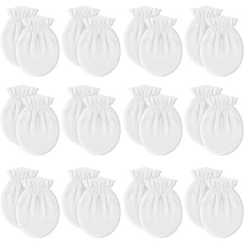 12 Pairs Newborn Baby Mittens,Unisex-Baby No Scratch Mittens,100% Cotton White Mittens for Baby 0-6 Months