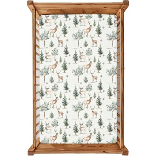 Forest Landscape theme Fitted Crib Sheet,28"x 52" Breathable, Soft Baby Bedding, Ideal for Boys & Girls – Easy to Clean with Long-Lasting Durability,Deer and Forest Decorative Pattern &Green