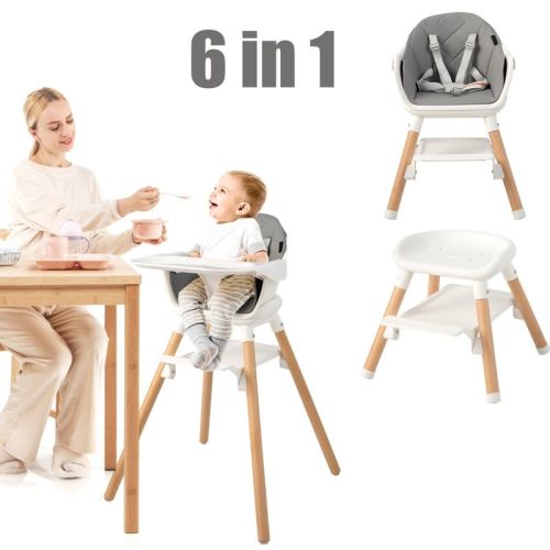 Infans 6 In 1 Convertible Wooden Highchair For Babies And Toddlers, Removable Double Tray & Reversible Footrest, Safety Harness For Infant, Gray