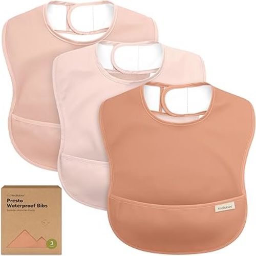 3-Pack Waterproof Baby Bibs for Eating - Lightweight Baby Bib with Food Catcher, Mess Proof Toddler Bibs, Waterproof Bibs for Baby Boys, Baby Girls, Feeding Bibs, Drool Bibs, Baby Food Bibs (Fawn)