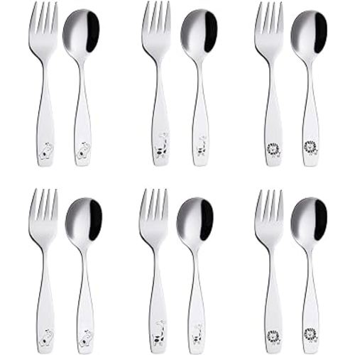 ANNOVA Kids Silverware 12 Pieces Children's Safe Flatware Set Stainless Steel - 6 x Children Forks, 6 x Dinner Spoons, Toddler Utensils, for Lunchbox (Safari Animals Etched Elephant, Giraffe, Lion)