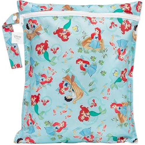 Bumkins Disney Ariel Waterproof Wet Bag for Baby, Travel, Swim Suit, Cloth Diapers, Pump Parts, Pool, Beach, Gym Clothes, Toiletry, Hook to Stroller, Daycare, Zipper Reusable Wetdry Packing Pouch