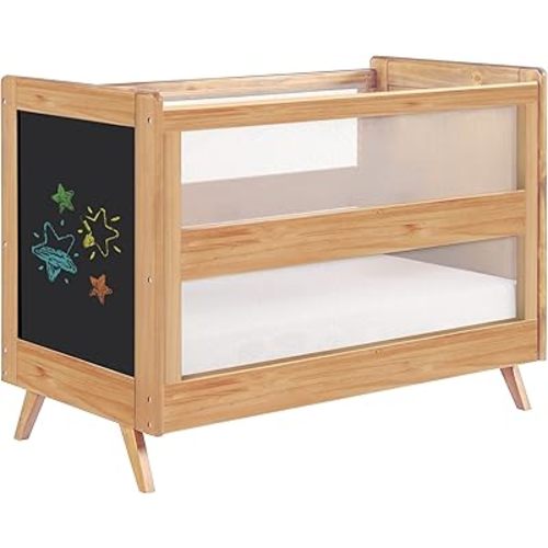 BreathableBaby Breathable Mesh 3-in-1 Convertible Crib (Toddler Bed Kit Sold Separately) — Beech & Chalkboard — Two Adjustable Mattress Heights — Greenguard Gold Certified