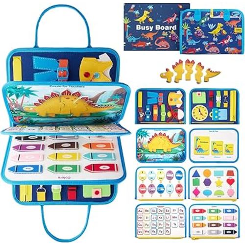 Busy Board Sensory Toys for Toddlers 1 2 3 4, Toddler Travel Activities Educational Toys, Montessori Toys for 2 3 4 Year Old Boys Girls Gift, Dinosaur
