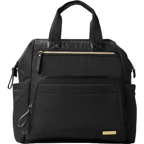 Skip Hop Diaper Bag Backpack: Mainframe Large Capacity Wide Open Structure with Changing Pad & Stroller Attachement, Black with Gold Trim