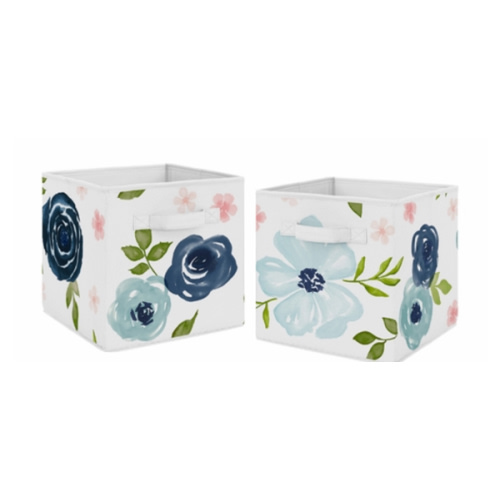Watercolor Floral Navy Blue and Pink Collection Foldable Fabric Storage Bins